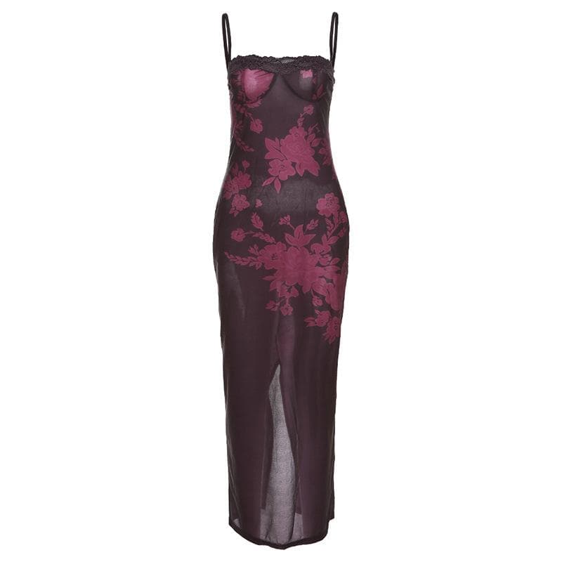 Floral Print Spaghetti Strap Lace Trim Bustier Mermaid Maxi Dress