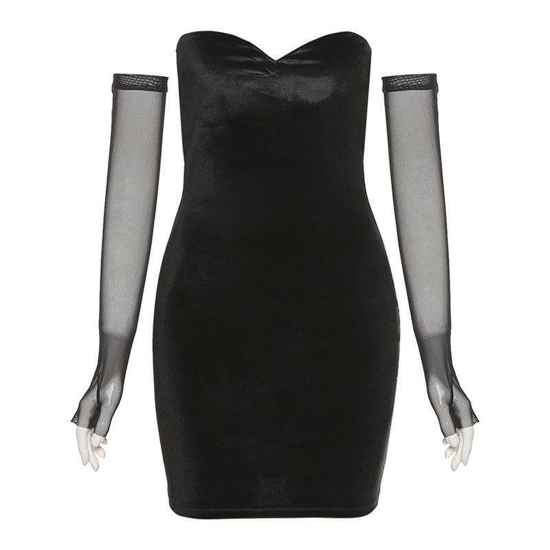 Velvet Strapless Sweetheart Bodycon Mini Dress and Mesh Gloves Set