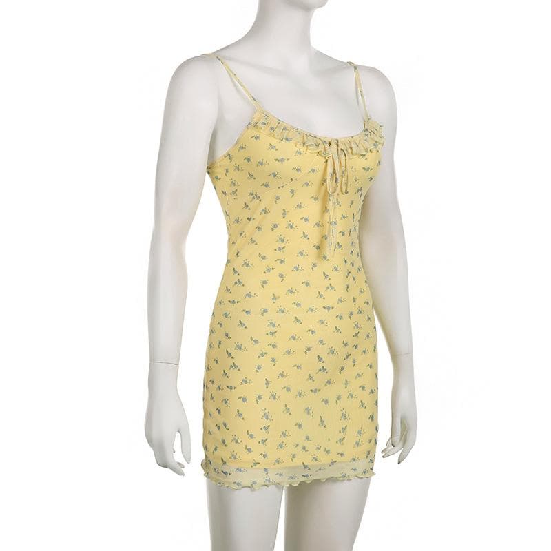 Mesh Floral Print Spaghetti Strap Ruffle Tie Front Bodycon Mini Dress