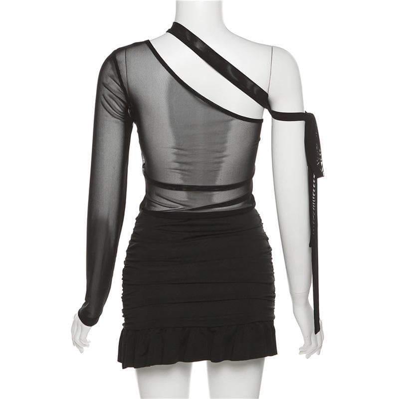Ruffle contrast buckle one shoulder irregular ruched mesh mini dress 4
