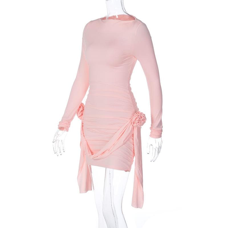 Boat Neck Long Sleeve Ruched Rosette Draped Bodycon Mini Dress