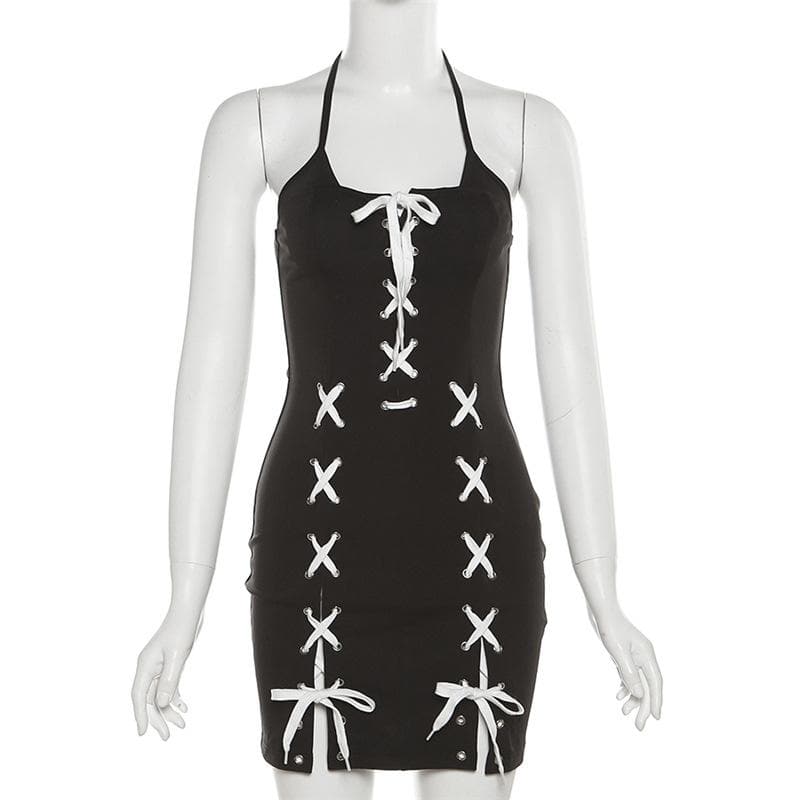 Halter Neck Lace Up Contrast Slit Bodycon Mini Dress