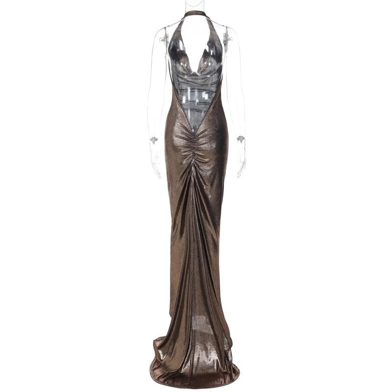 Metallic Cowl Neck Ruched Halter Backless Maxi Dress 11