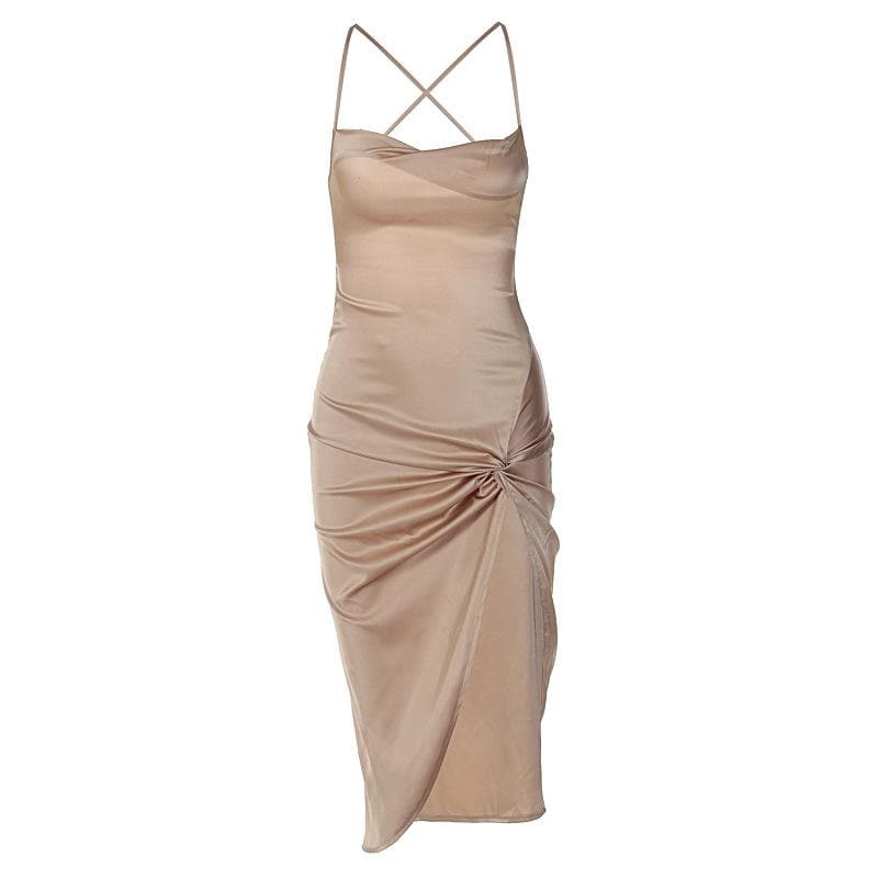 Satin Cowl Neck Cross Strap Twist Knot Split Midi Slip Dress
