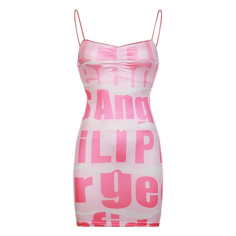 Ruched letter print spaghetti strap contrast backless mini dress