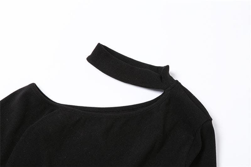 Mock Neck Long Sleeve Asymmetric Shoulder Pearl Chain Side Cut Out Bodycon Mini Dress