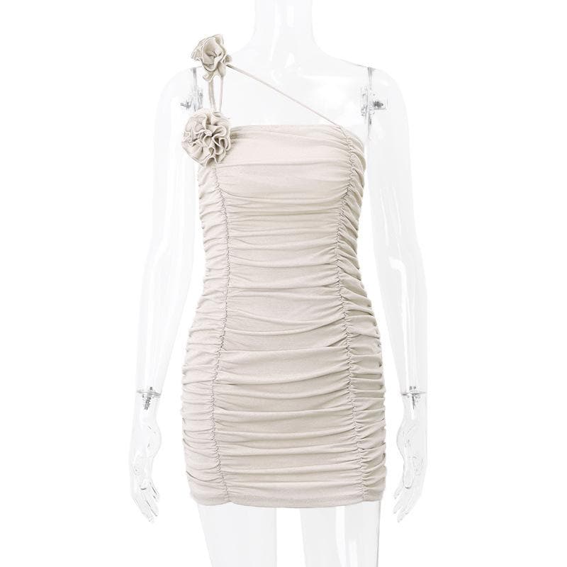 One Shoulder Flower Applique Ruched Bodycon Mini Dress