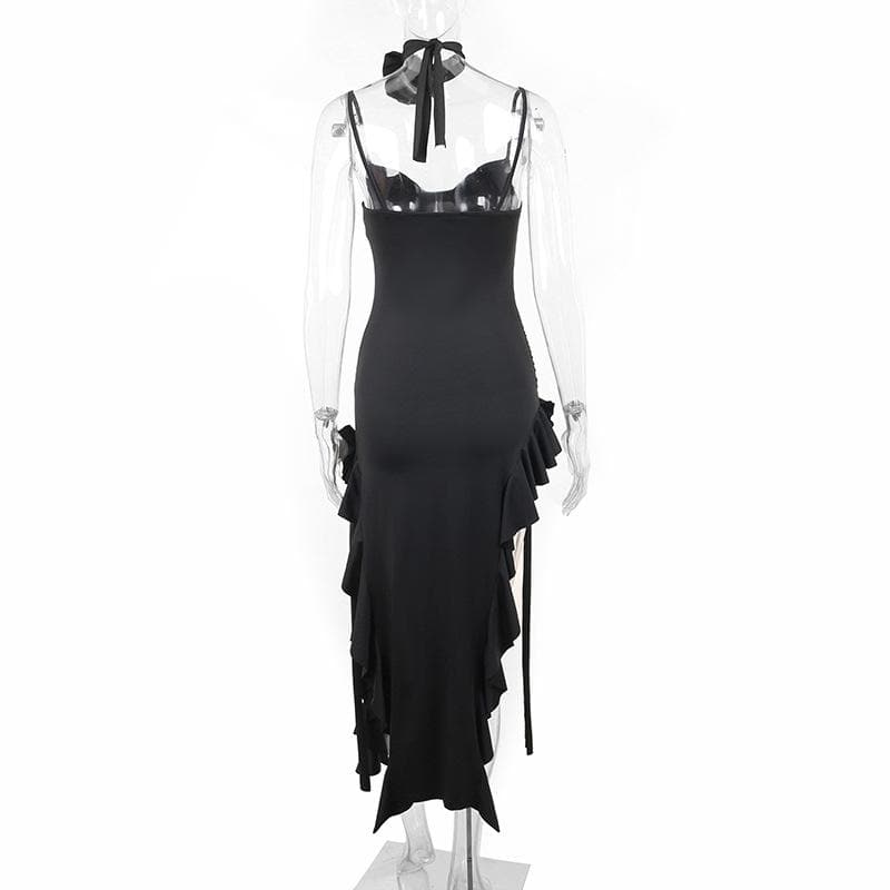 Spaghetti Strap Sweetheart Bustier Ruffle High Split Maxi Dress
