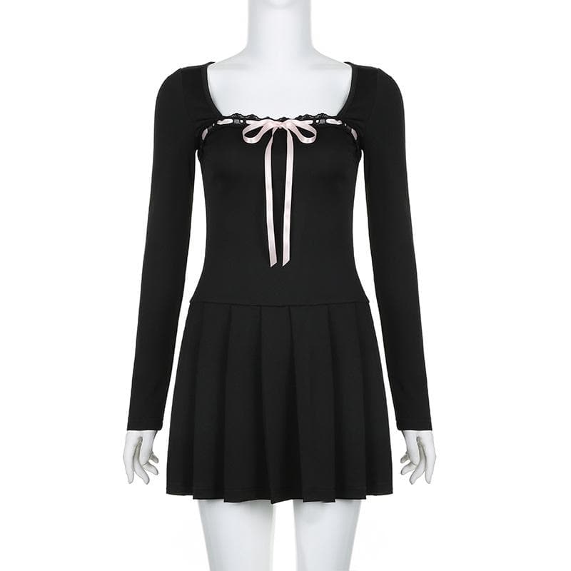 Lace hem square neck contrast long sleeve pleated mini dress 9