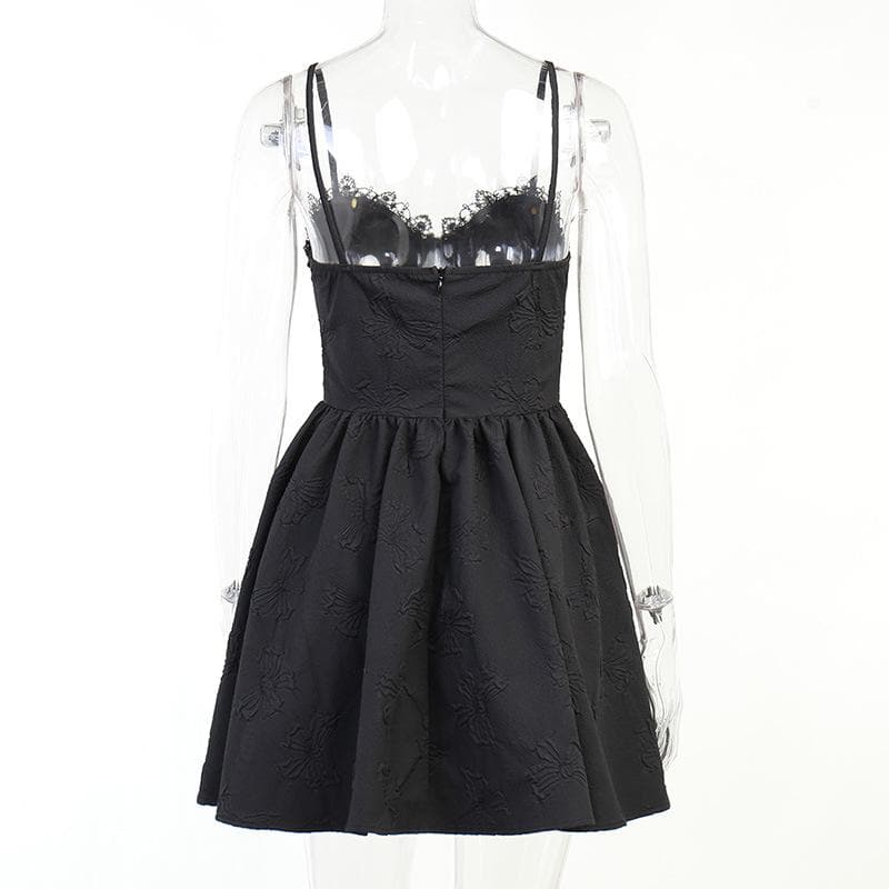 Lace hem flower applique zip-up textured lace up mini dress