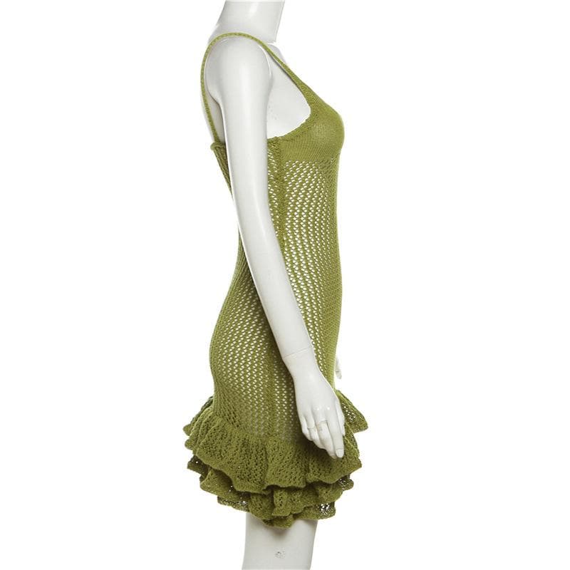 Crochet v neck sleeveless hollow out ruffle mini dress 4