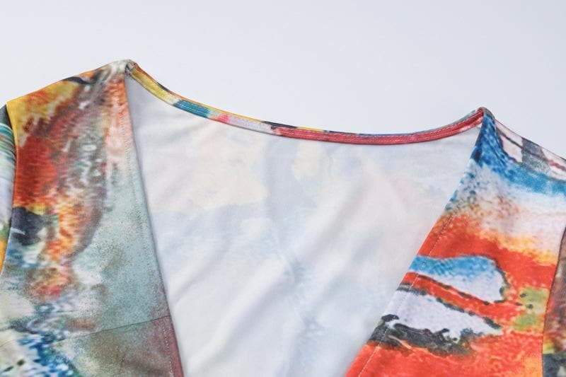 Lace up contrast flared sleeve self tie tie dye mini dress - View 5