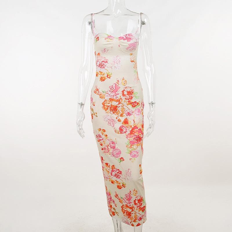 Lace hem sweetheart neck flower print contrast cami maxi dress - View 9