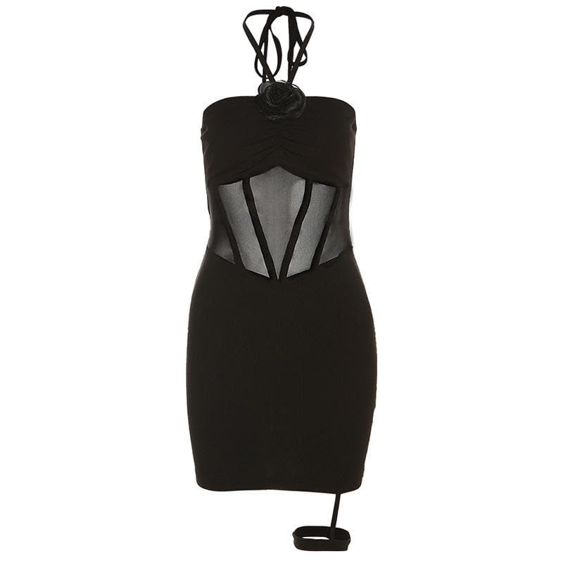 3D Flower Strapless Mesh Corset Ruched Bodycon Mini Dress