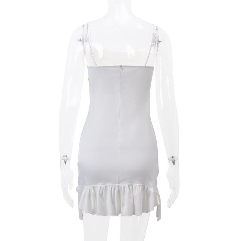Metal applique contrast square neck ruffle spaghetti strap mini dress - View 4