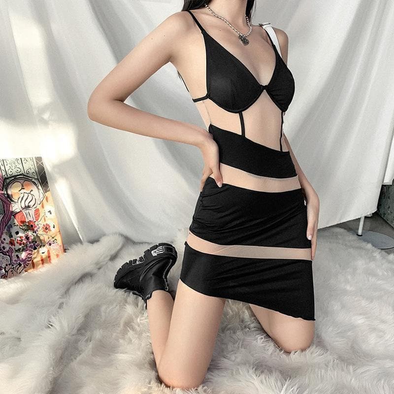 Spaghetti Strap Deep V-Neck Mesh Cut Out Asymmetric Hem Bodycon Mini Dress
