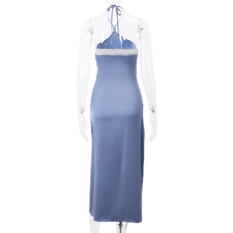 Satin Halter Neck Lace Trim High Split Slip Maxi Dress