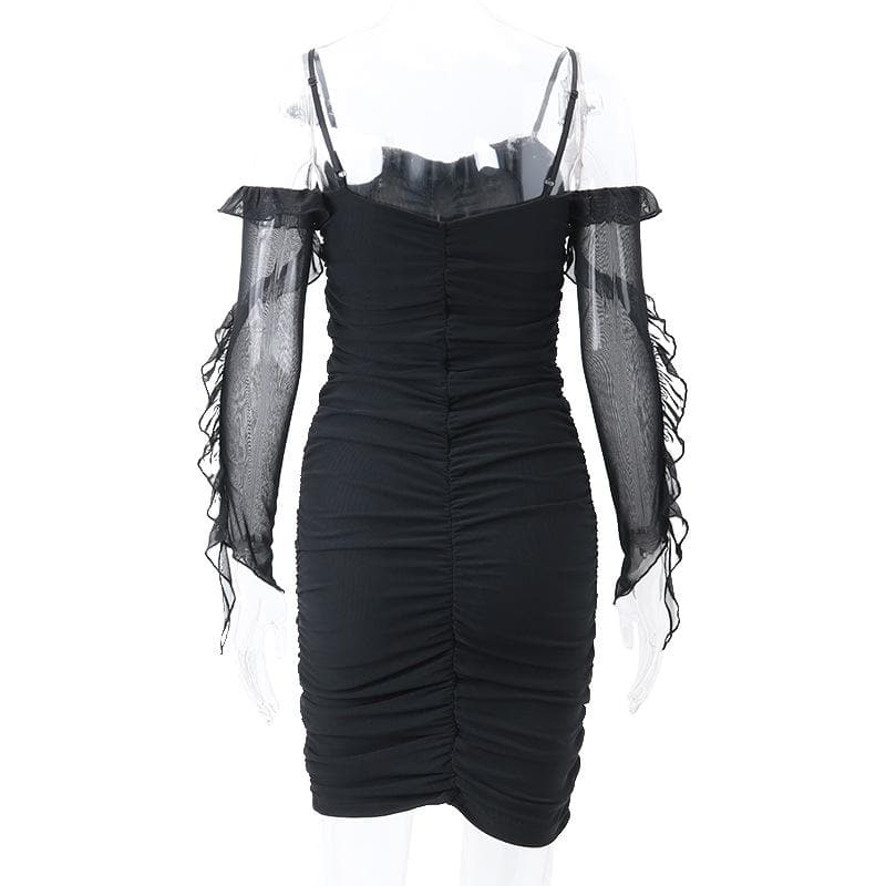 Solid ruched backless ruffle mesh mini dress 6