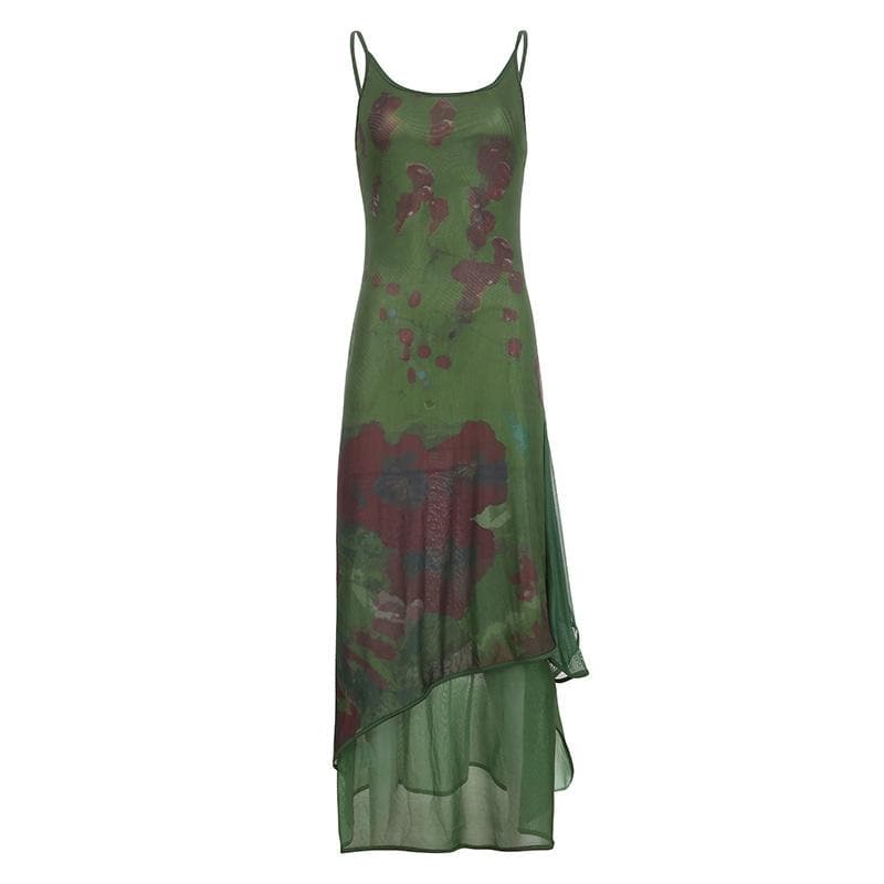 Floral Print Mesh Scoop Neck Cami Asymmetric Hem Maxi Dress 2