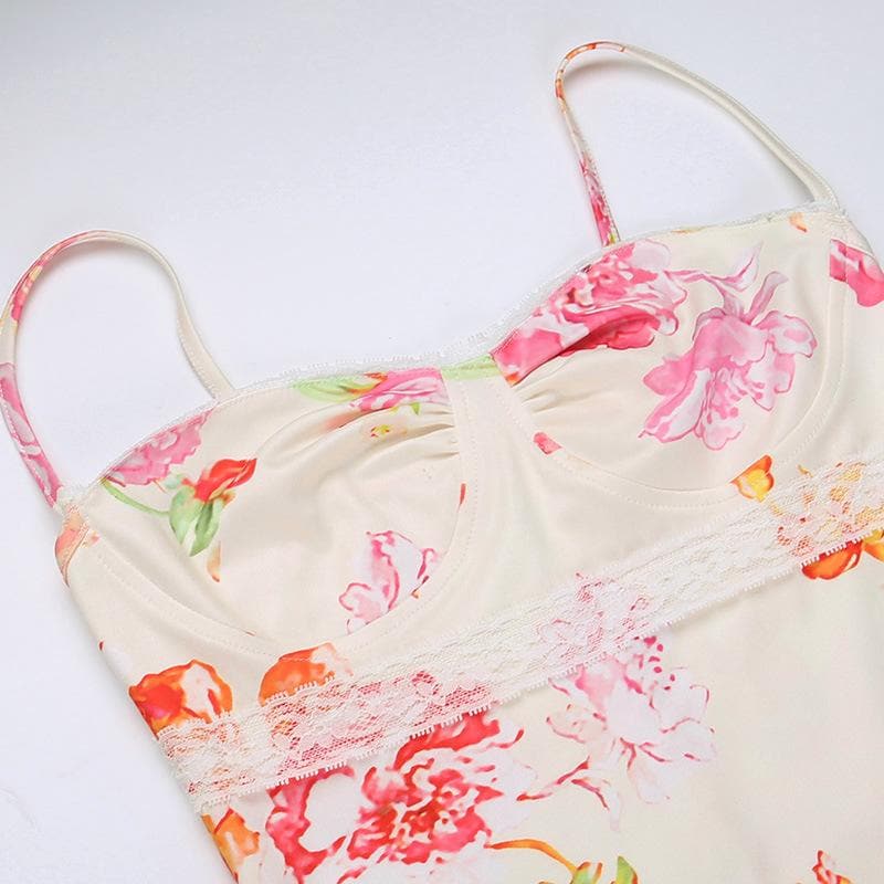 Lace hem sweetheart neck flower print contrast cami maxi dress - View 5