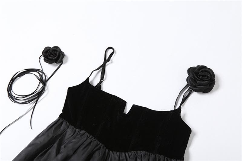 Velvet Notch Neck Spaghetti Strap Flower Applique Bubble Mini Dress