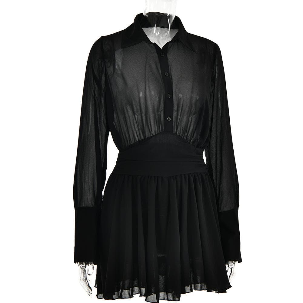 Turnover collar button long sleeve ruched zip-up chiffon mini dress - View 5