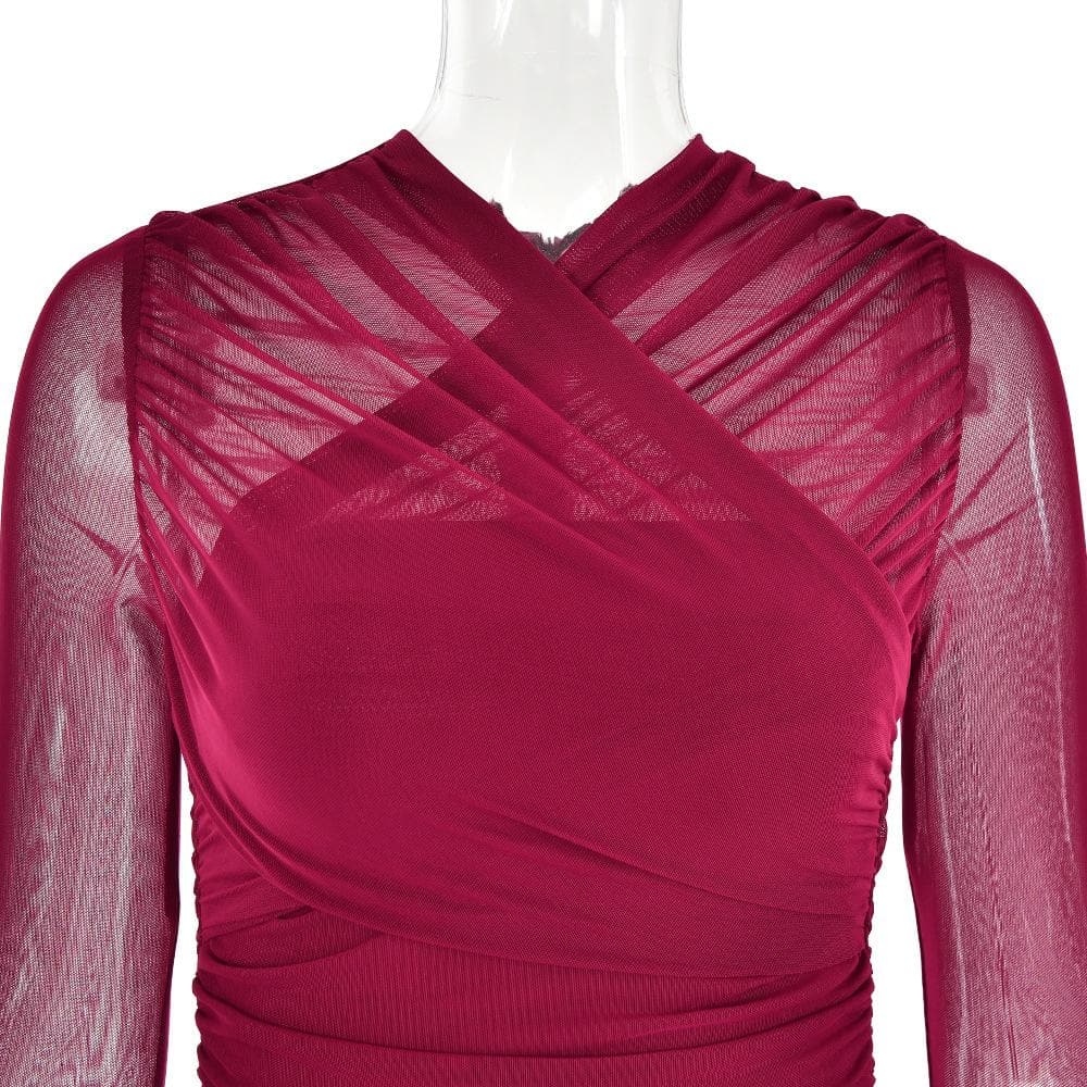 Cross Front Mesh Ruched Long Sleeve Mini Dress