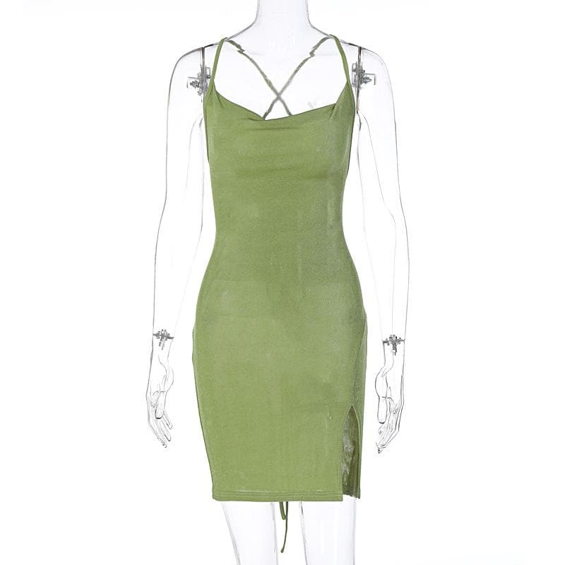 Cowl Neck Spaghetti Strap Side Slit Bodycon Mini Dress 4