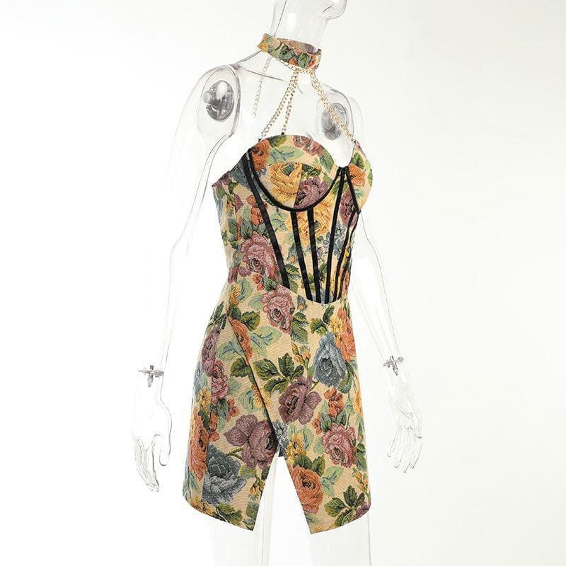 Floral Halter Neck Corset High Split Mini Dress