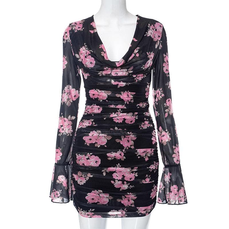 Floral Print Cowl Neck Long Sleeve Ruched Sheer Mesh Mini Dress