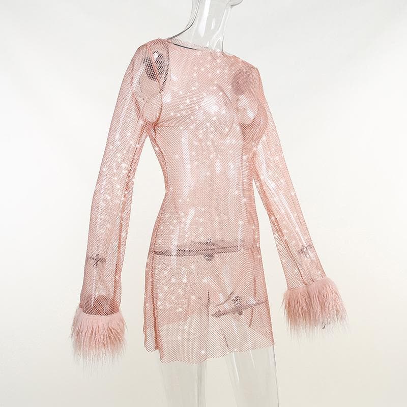 Long sleeve solid see through sheer mesh fluffy round neck mini dress