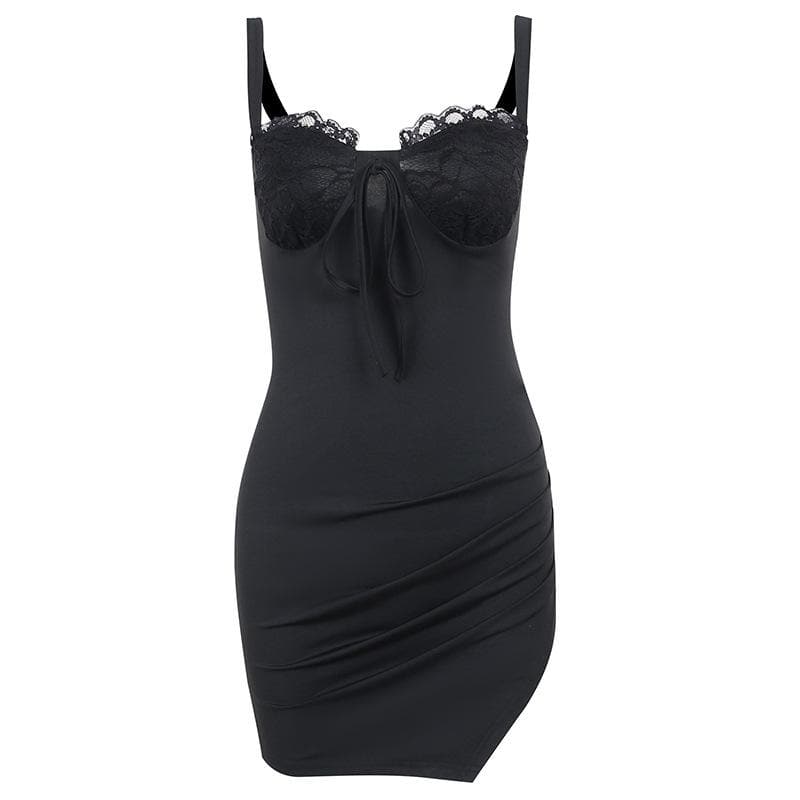 Ruched solid sleeveless lace slit self tie backless mini dress 2