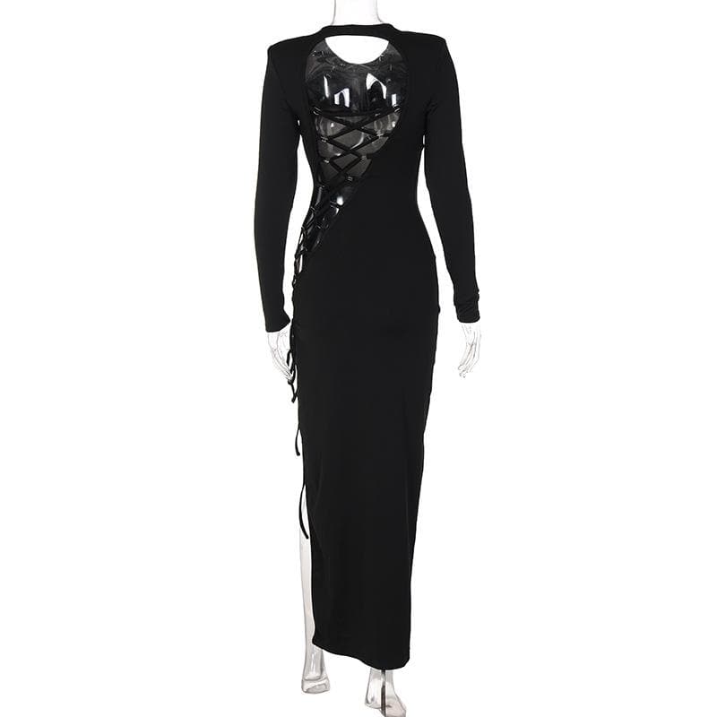 Lace up irregular long sleeve hollow out backless maxi dress 3