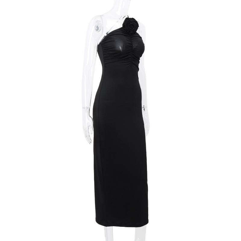 Flower applique one shoulder solid ruched maxi dress - View 3
