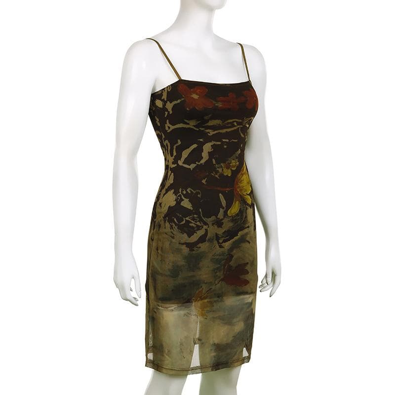 Mesh abstract print square neck contrast cami midi dress 3