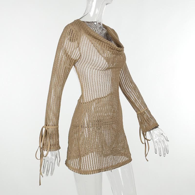 Crochet see through cowl neck long sleeve hollow out mini dress 7