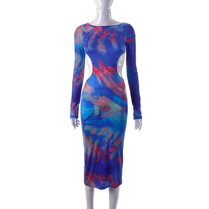 Hollow out contrast print long sleeve ruched mesh patchwork midi dress 9