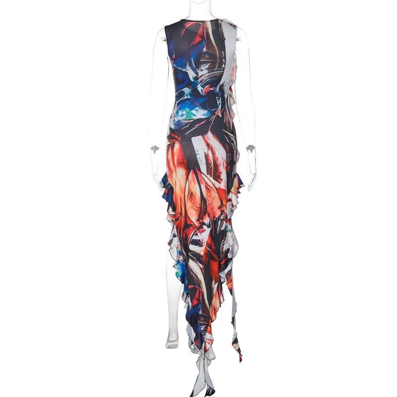Abstract Print 3D Flower Applique Side Ruffle Sleeveless Maxi Dress