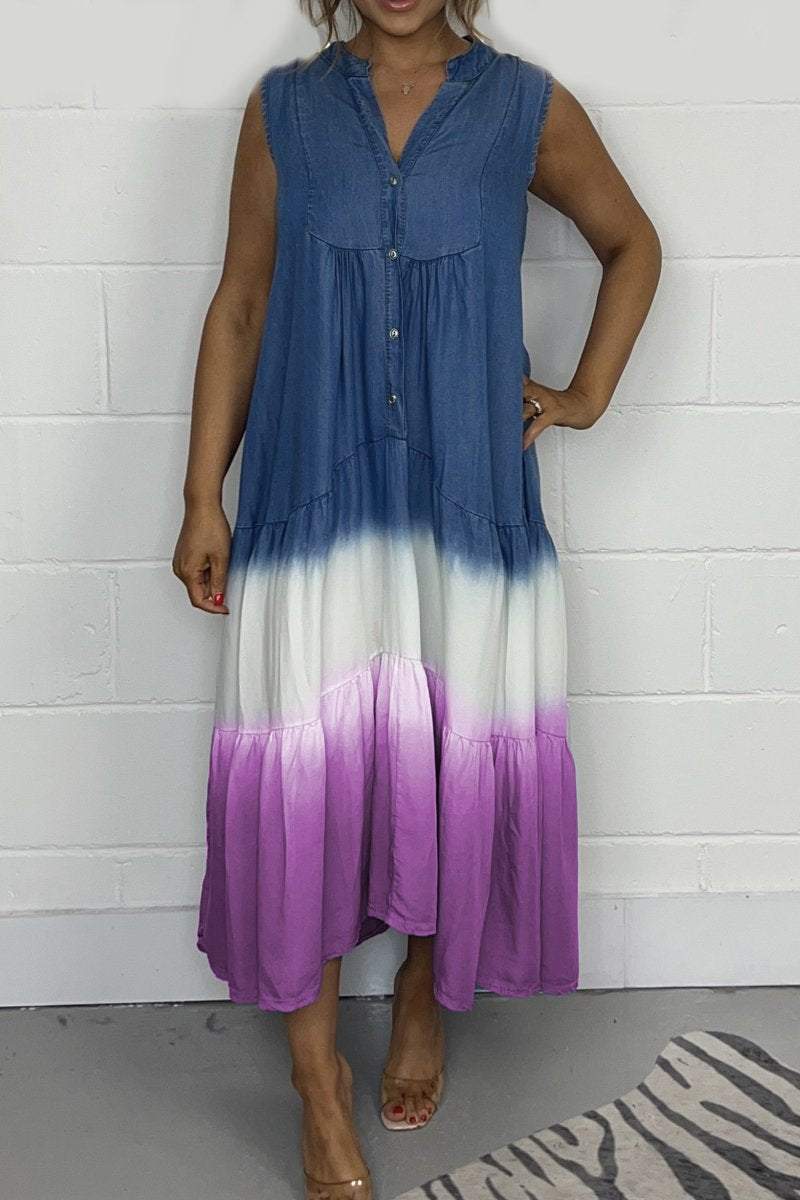 Chambray Sleeveless Button Front Tiered Midi Dress 5