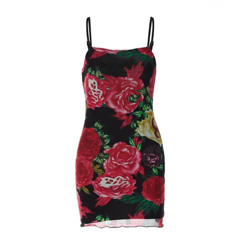 Rose Floral Print Square Neck Spaghetti Strap Bodycon Mini Dress