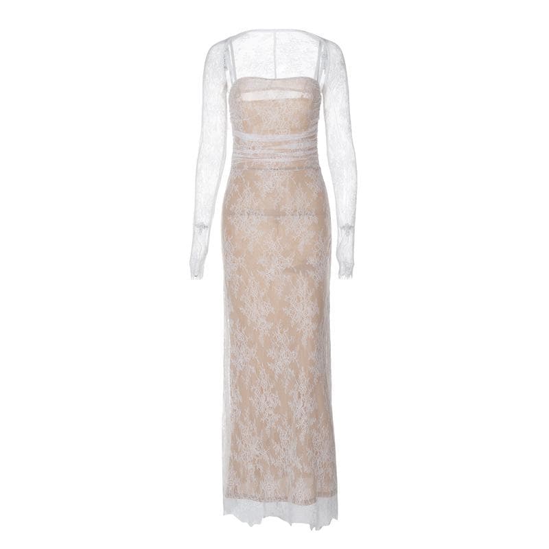 Lace Overlay Ruched Bust Cami Maxi Dress with Long Sleeve Shrug