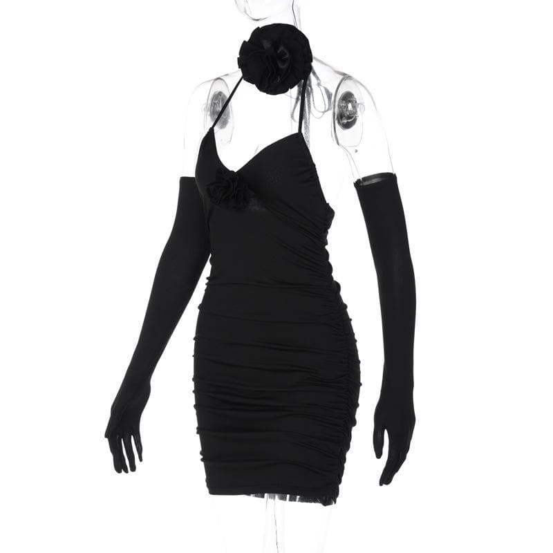 3D Flower Halter Neck Ruched Bodycon Mini Dress