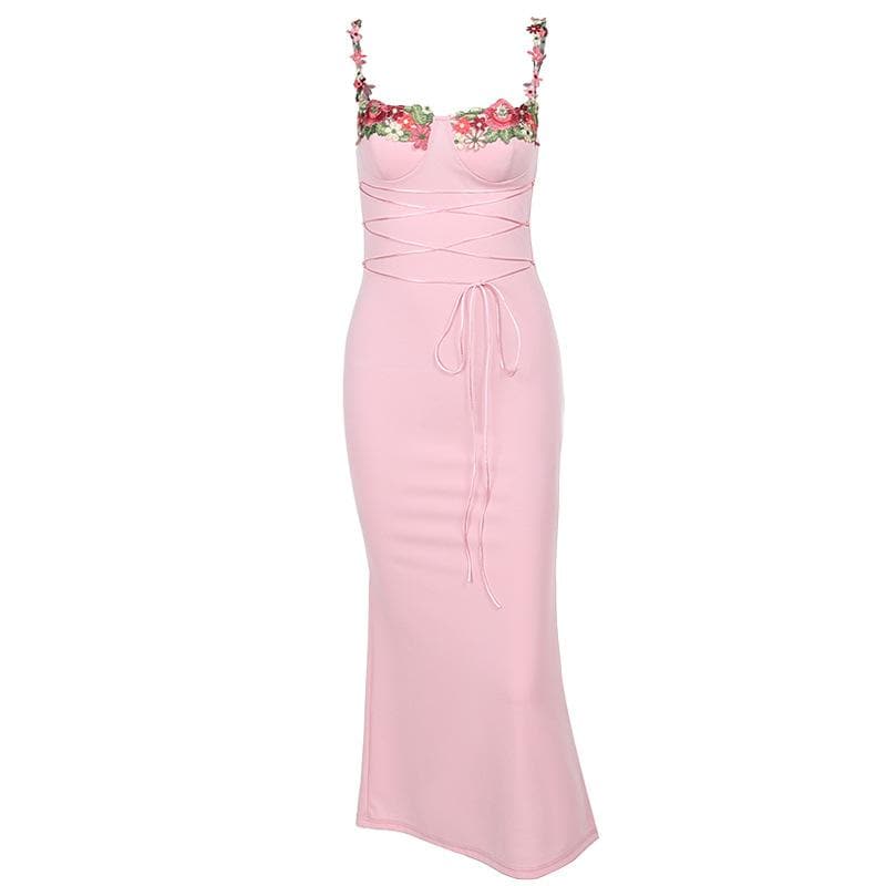 Floral Embroidery Sweetheart Lace Up Mermaid Maxi Dress