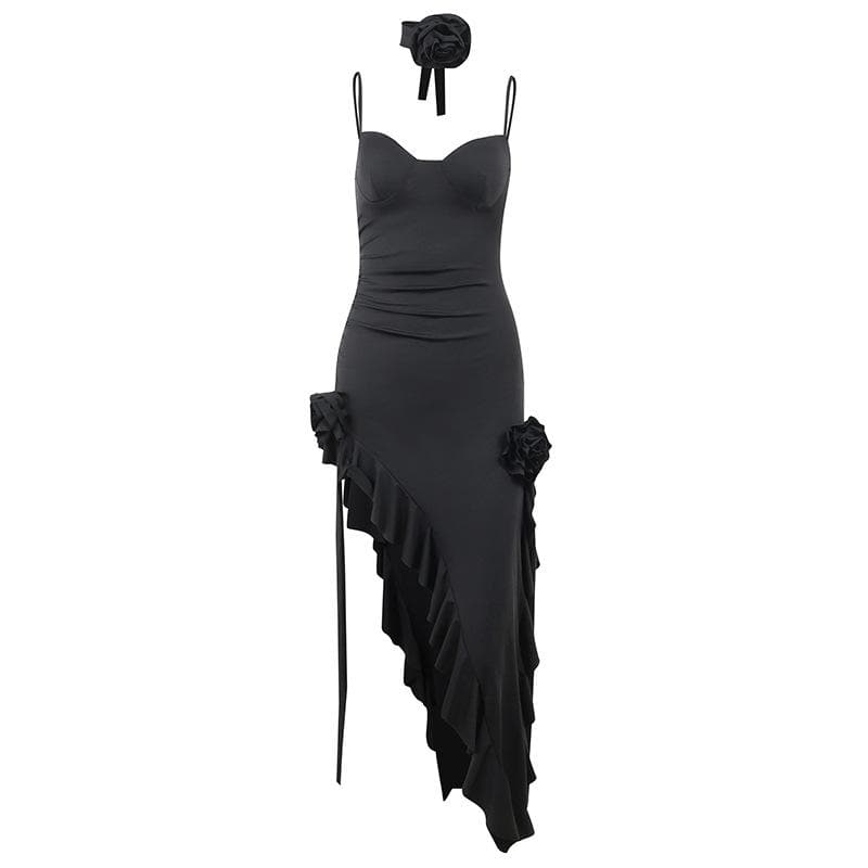 Spaghetti Strap Sweetheart Bustier Ruffle High Split Maxi Dress