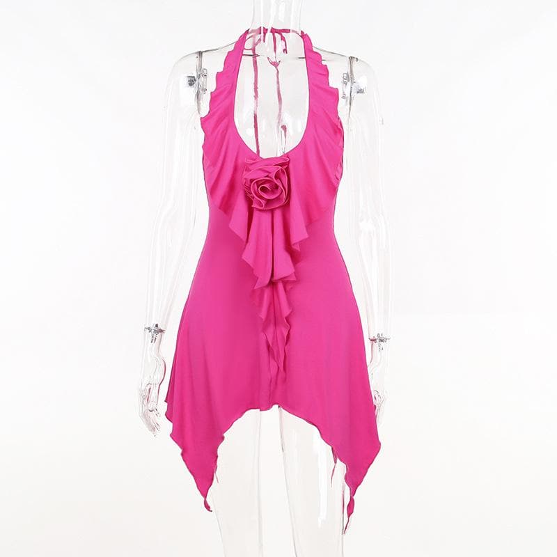 Halter Neck Flower Applique Ruffle Handkerchief Hem Mini Dress