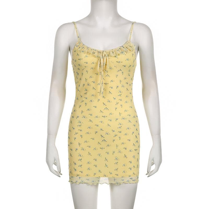 Mesh Floral Print Spaghetti Strap Ruffle Tie Front Bodycon Mini Dress