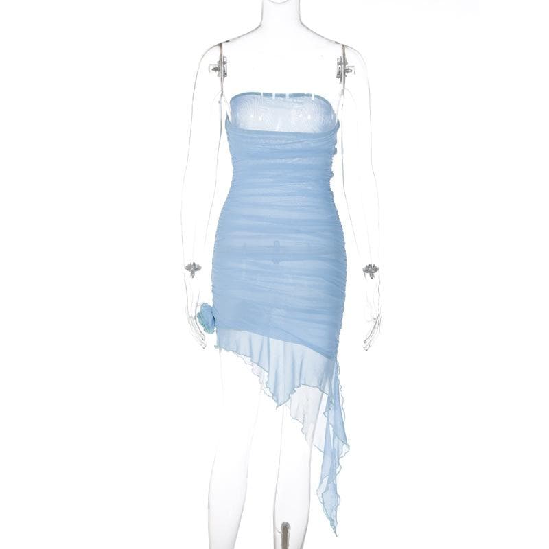 Mesh Strapless Ruched Floral Applique High Low Mini Dress