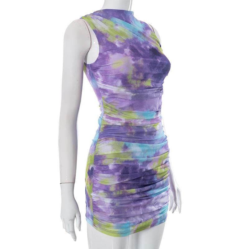 Tie Dye Sleeveless Crew Neck Ruched Mesh Bodycon Mini Dress 8