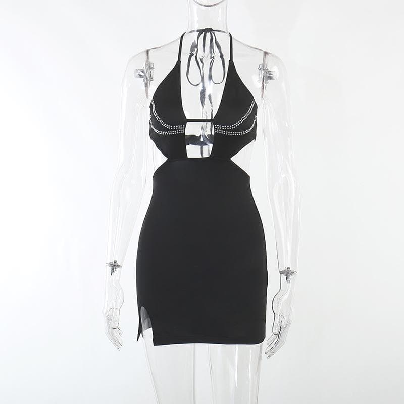 Beaded Halter Neck Cut Out High Split Bodycon Mini Dress