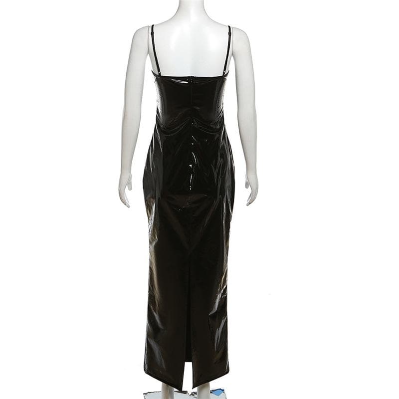 Mesh patchwork contrast PU leather low cut slit maxi dress 3
